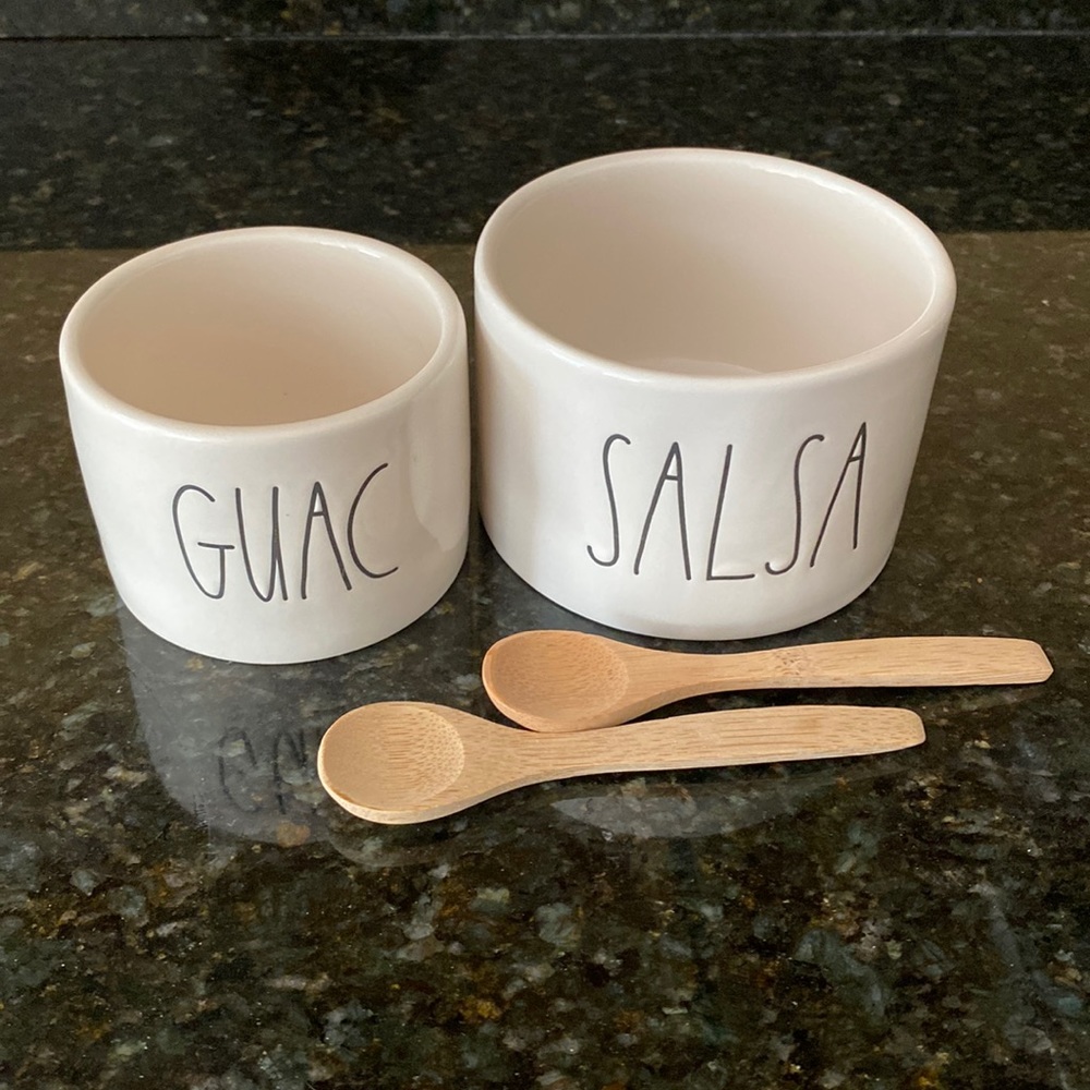 Rae Dunn salsa and guacamole bowls with spoons